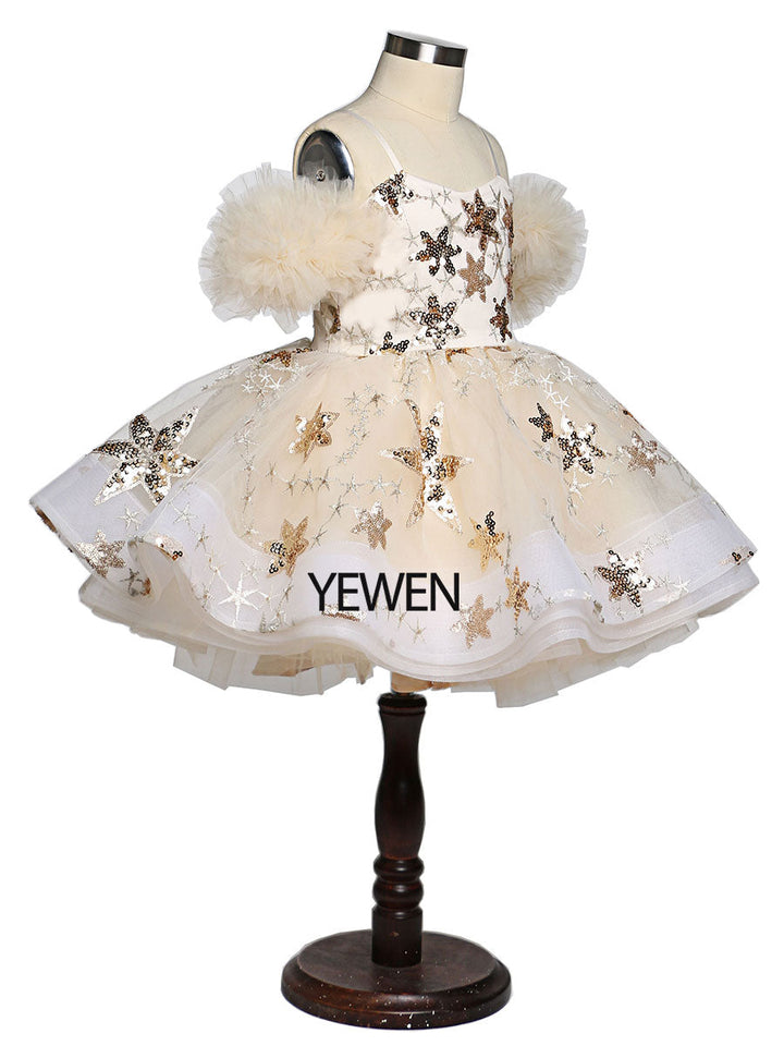 Champagner Stern Tüll Blumenmädchen Partykleider für Hochzeiten Geburtstag Kinder Prinzessin Fotoshooting Kleid Tutu Kleid YEWEN YW21015 