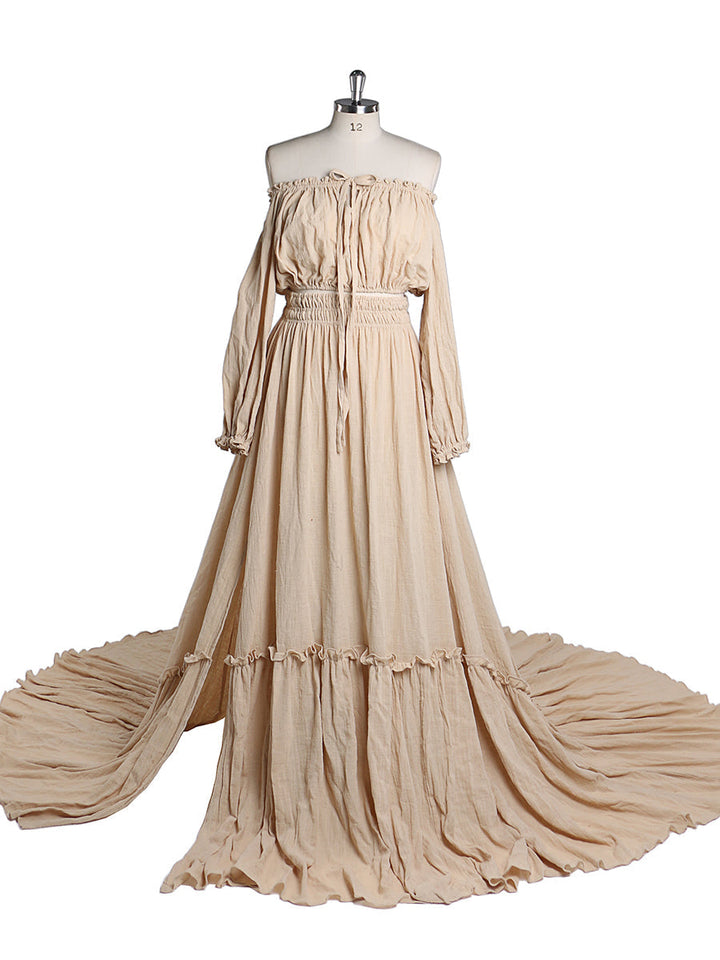 Versandfertig - 2-teiliges Set Maxikleider Dehnbare Taille Umstandskleid Fotografie Kleid YD211229