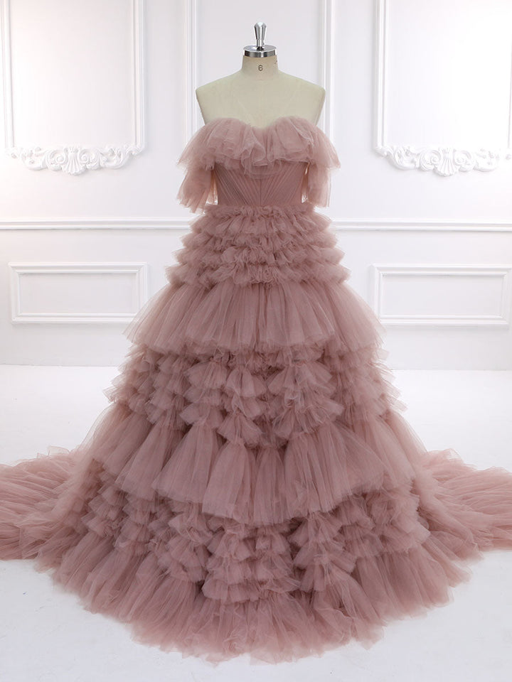 Elegantes schulterfreies Rüschen-Brautkleid in bunten Tüll für Fotoshootings YW231157 