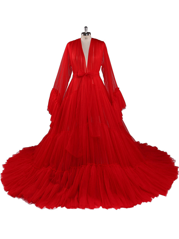 Langärmliges Ballkleid mit großem Rock, V-Ausschnitt, A-Linie, Party-Maxi-Abendkleid, Fotoshooting-Kleid