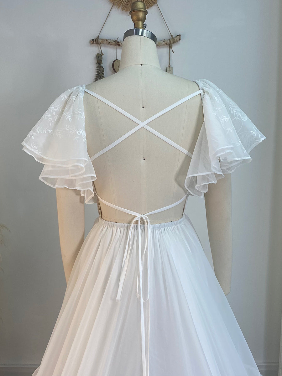 V-Ausschnitt Besticktes Bohemian Spitzen Brautkleid Boho Maxikleid für Hochzeiten YW240080-1