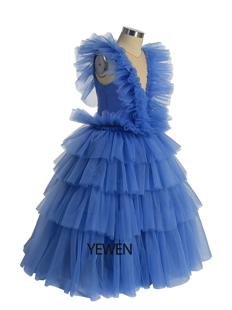 Oldrose V-Ausschnitt Tüll Rüschen Langarm Blumenmädchen Kleid Kind Partykleider für Fotoshooting 