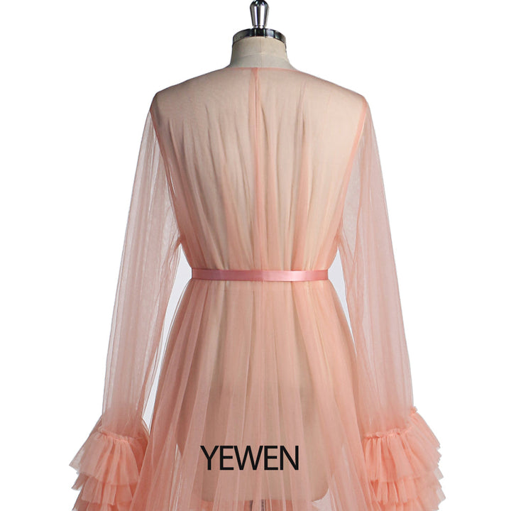 Lachsfarbenes Tüll-Abendkleid mit langen Ärmeln, Umstandskleid, Foto-Shooting, Foto-Requisiten, Fotografie-Kleid, YW231059 