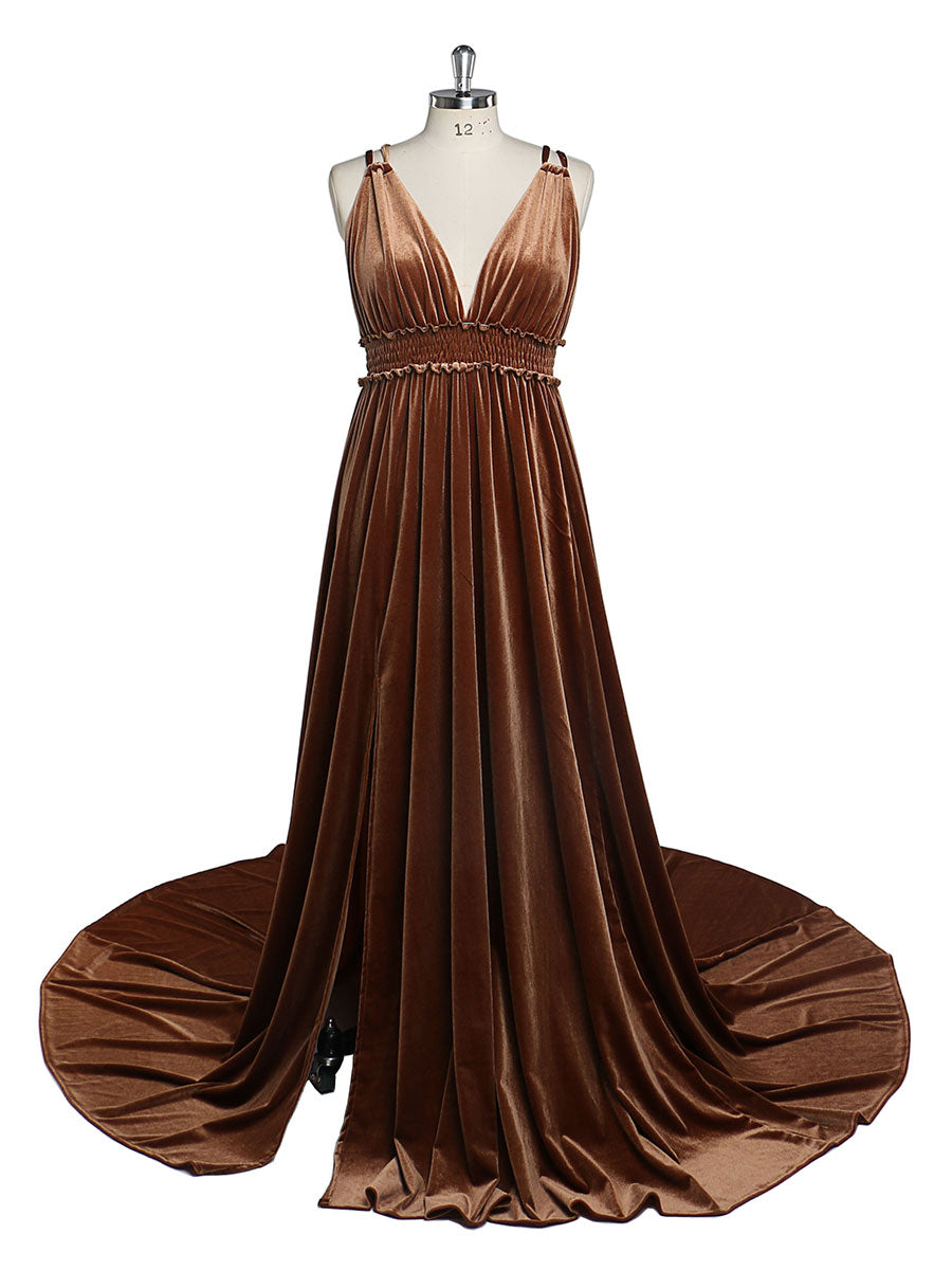 Samtkleid mit V-Ausschnitt, elastischer Taille und Seitenschlitz, langes Fotoshooting-Kleid YD21827 