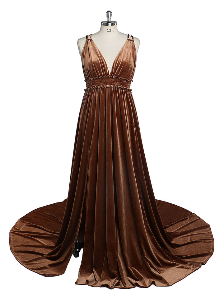 Samtkleid mit V-Ausschnitt, elastischer Taille und Seitenschlitz, langes Fotoshooting-Kleid YD21827 