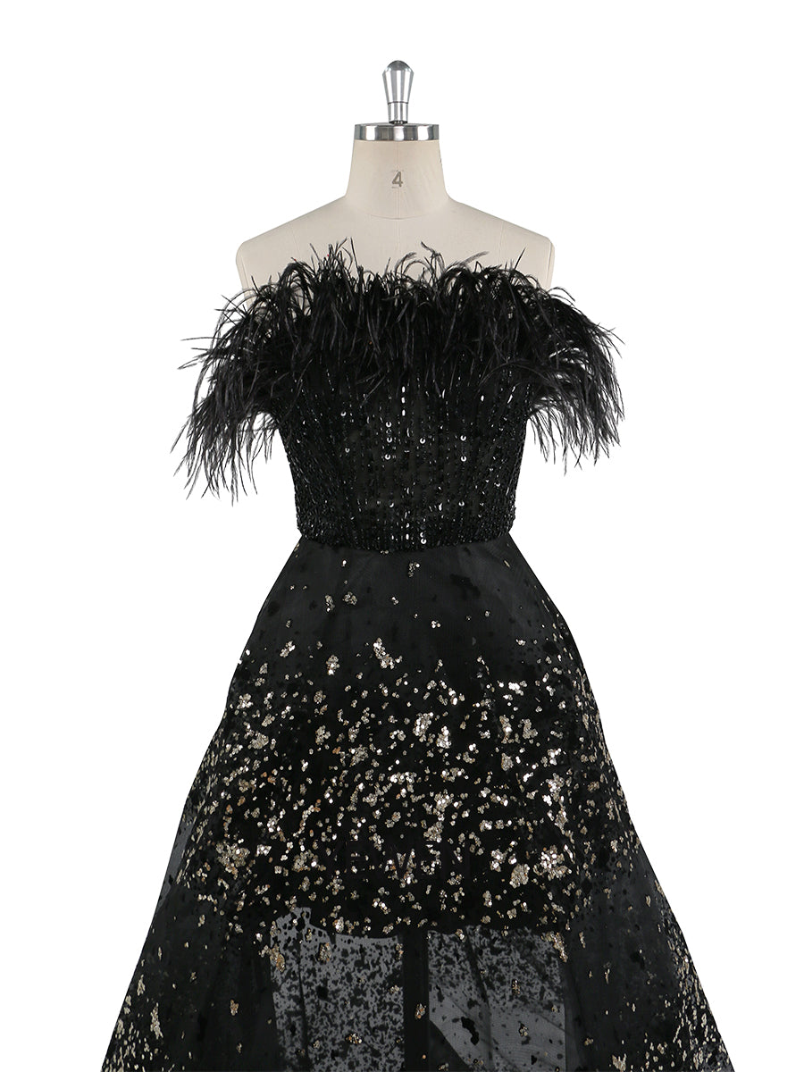 Schwarzes A-Linien-Abendkleid mit Perlen und Federn, Luxus-Hochzeitskleid, YEWEN 