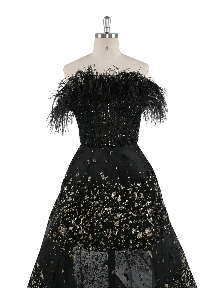 Schwarzes A-Linien-Abendkleid mit Perlen und Federn, Luxus-Hochzeitskleid, YEWEN 