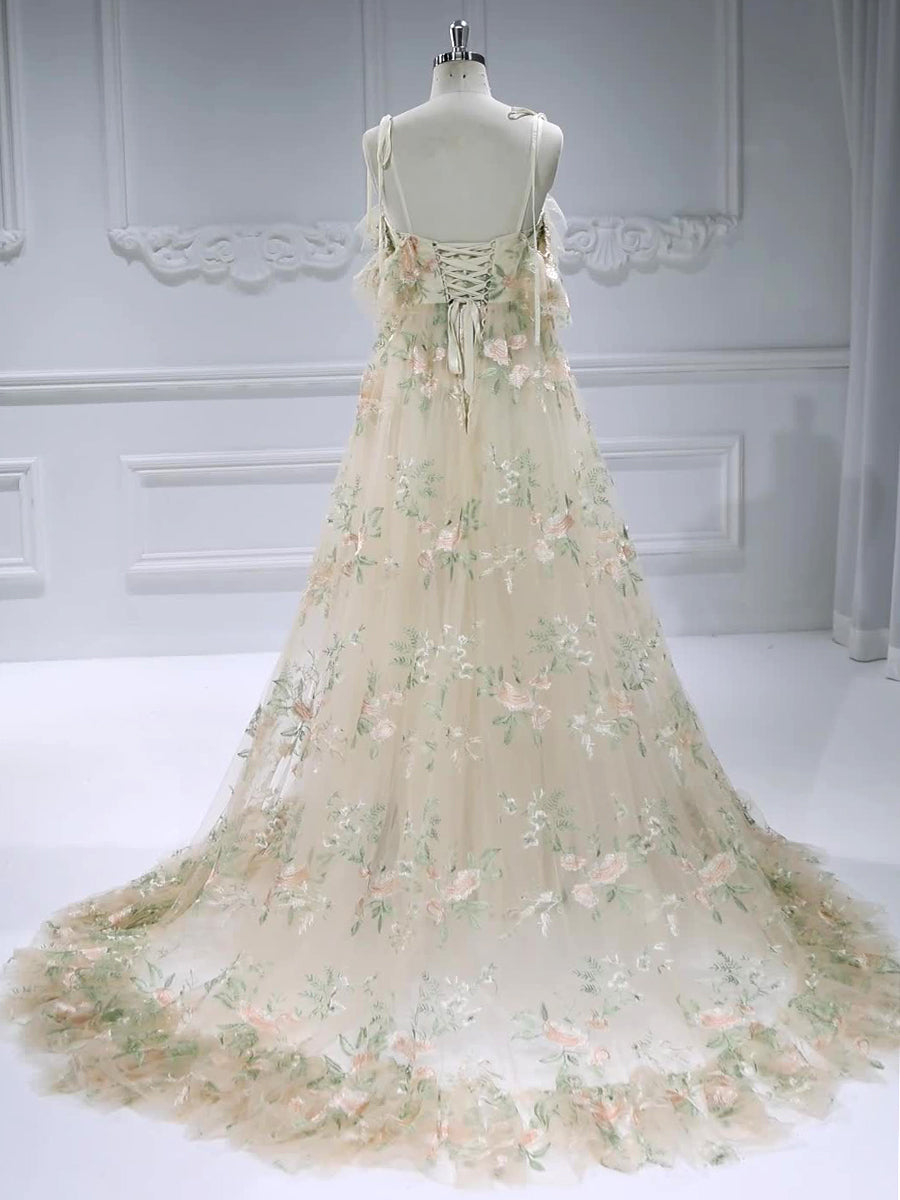 Sleeveless, V-Neck , Embroidery Lace, Prom Gown Photo Shoot Dress with Ruffle Detail