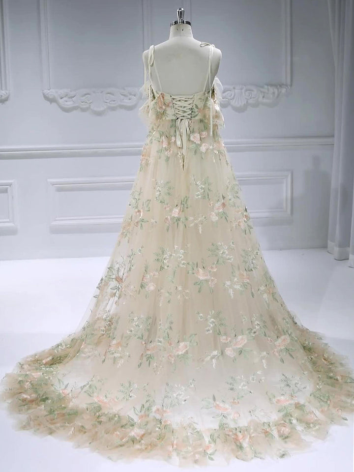 Sleeveless, V-Neck , Embroidery Lace, Prom Gown Photo Shoot Dress with Ruffle Detail