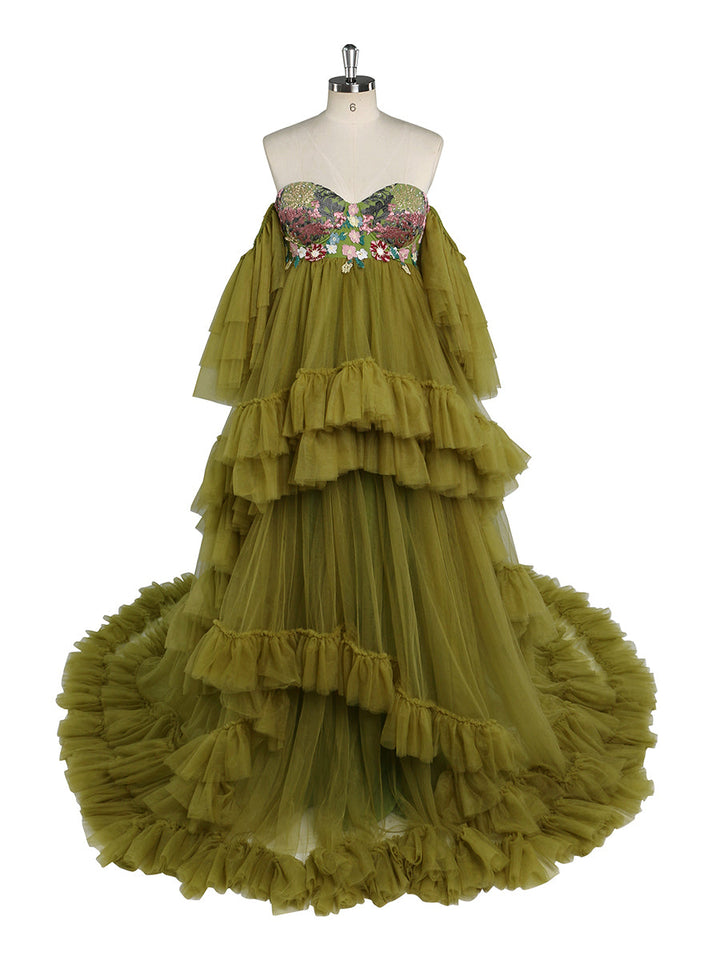 Schulterfreies Umstandskleid mit Stickerei, Spitze, Tüll, für Fotoshootings, Rüschen, Maxikleid für Damen, Fotografie-Outfit YW2045 