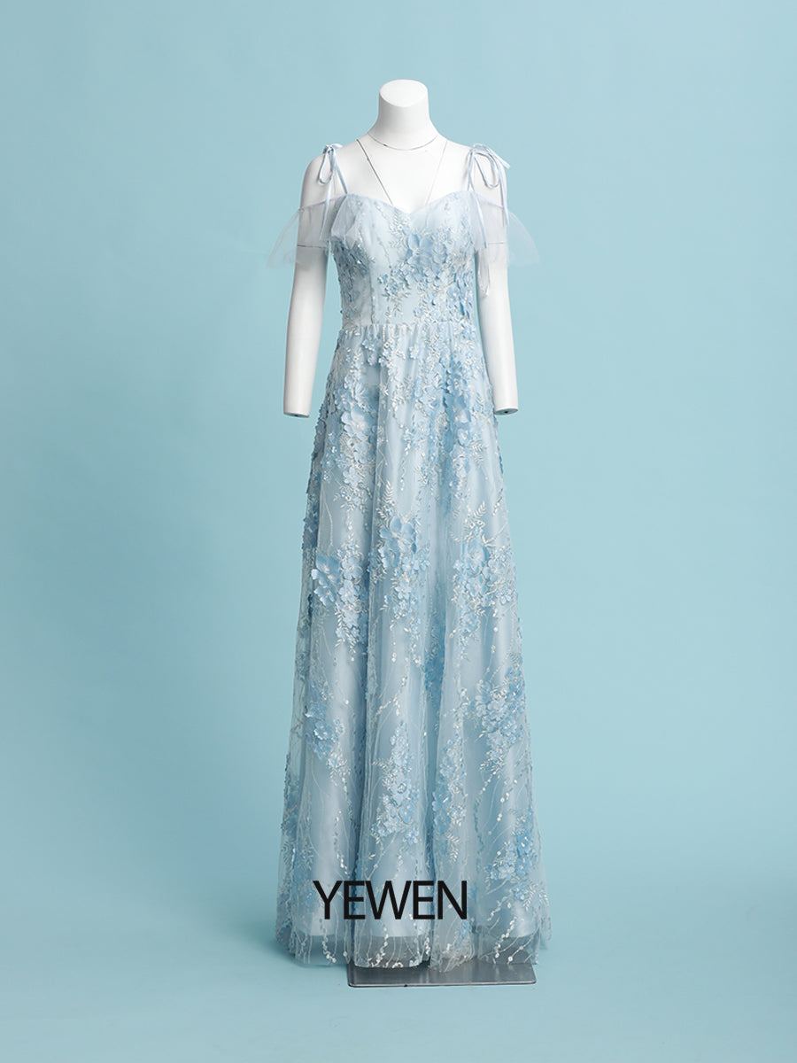 Blaues Ballkleid mit herzförmigem Ausschnitt und Blumenmuster, bodenlanges Tüllkleid 2024 
