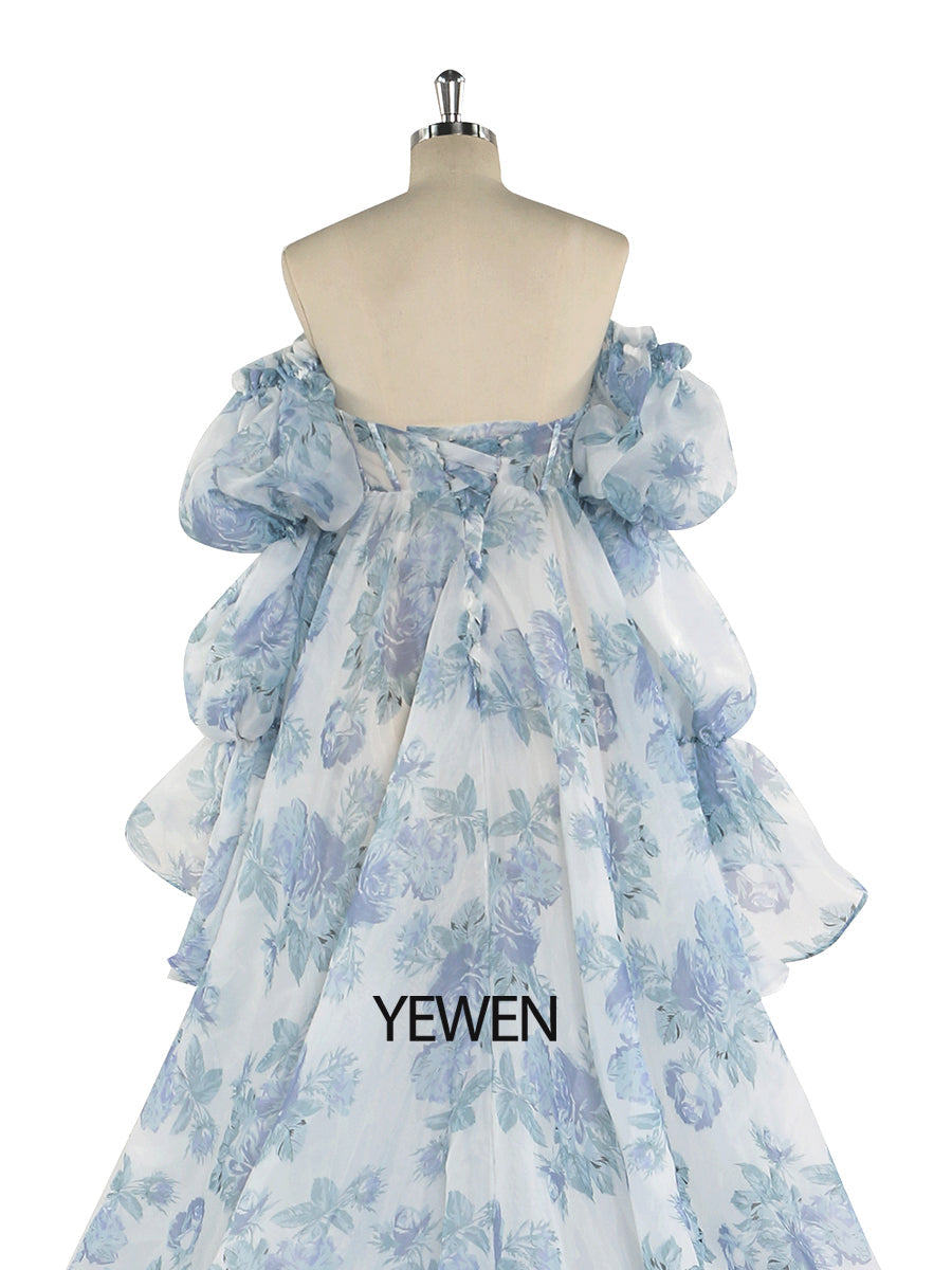 Versandfertig - Blaue Organza-Umstandskleider mit Blumenmuster für Fotoshootings YW221105 
