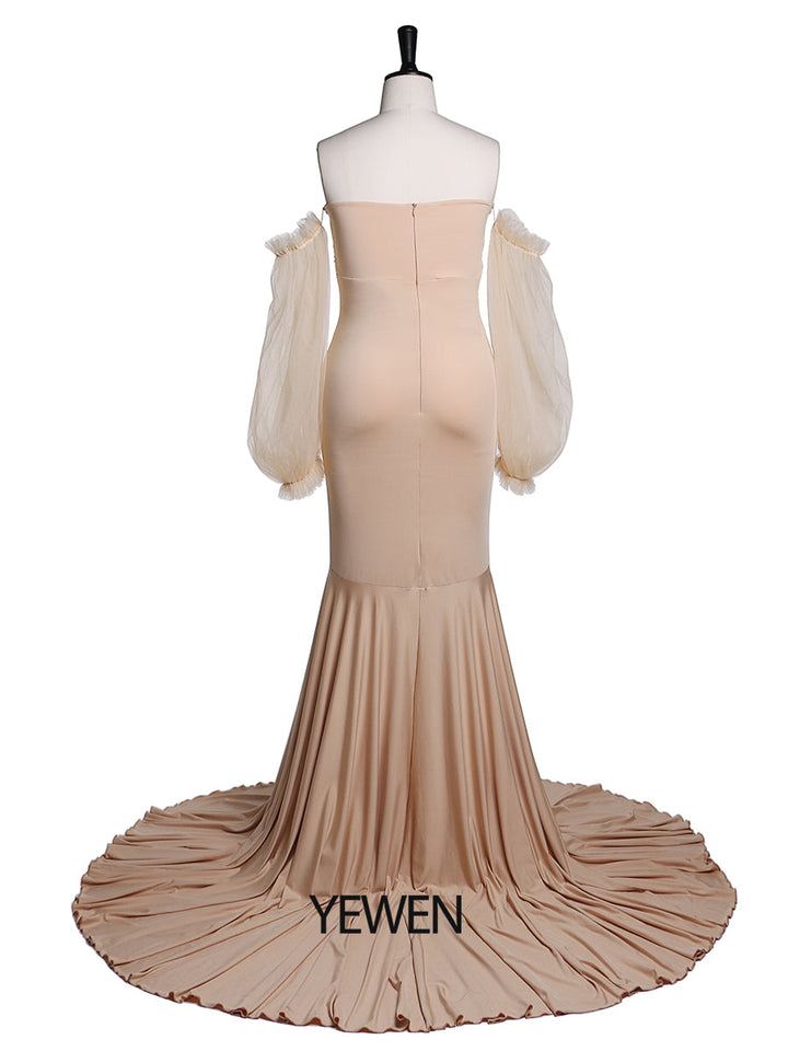 Tüll-Umstandskleid mit langen Ärmeln, dehnbarer Stoff, Meerjungfrau-Stil, für Fotoshootings, Umstandskleid, Brautjungfernkleid, YeWen YW21009 