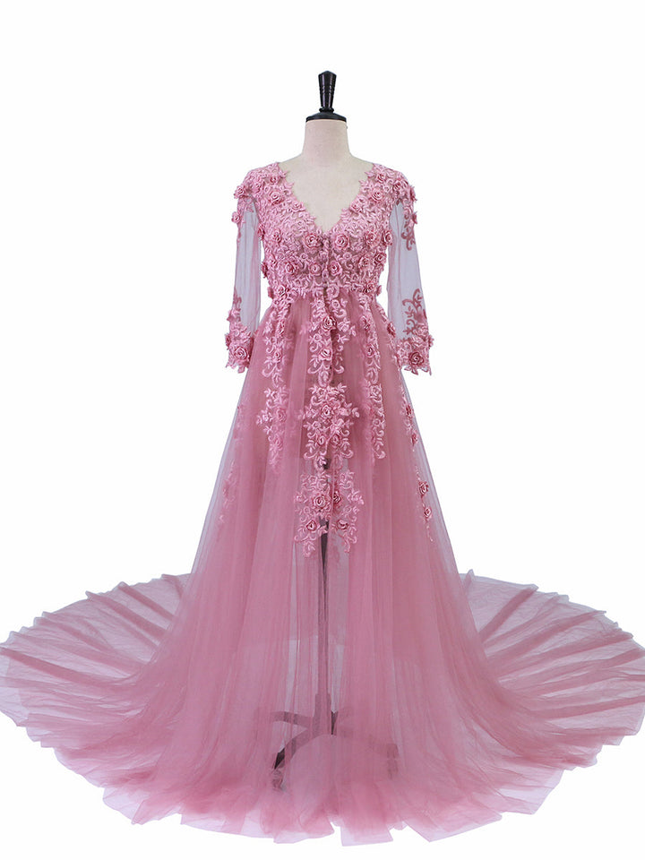 Elegante Abendkleider mit Tüllapplikationen und Spitze, V-Ausschnitt, halbe Ärmel, vorne offen, Oldrose, Strandstil, Partykleider, Robe de Soiree, YeWen