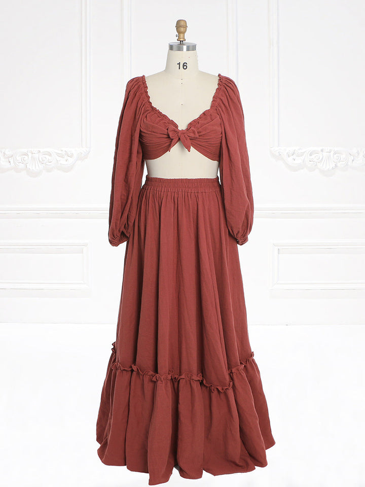 Lange Ärmel Verstellbarer Rücken Frau Baumwolle Maxikleid Fotoshooting Kleider Outfit YW231113 