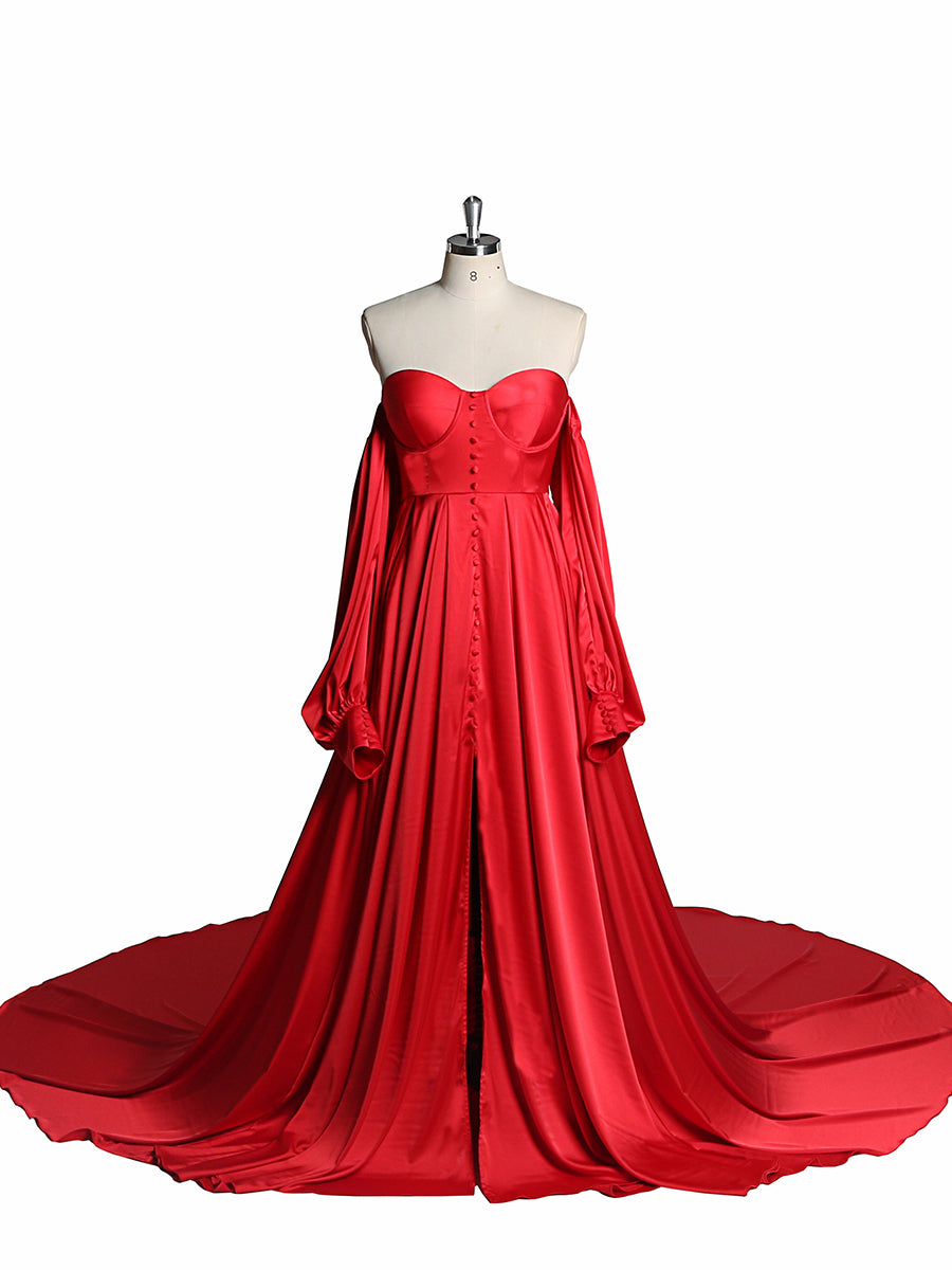 A-Linie Satin Brautkleid mit Schnürung am Rücken und langen Ärmeln, Kleider für Fotoshootings YW220928 