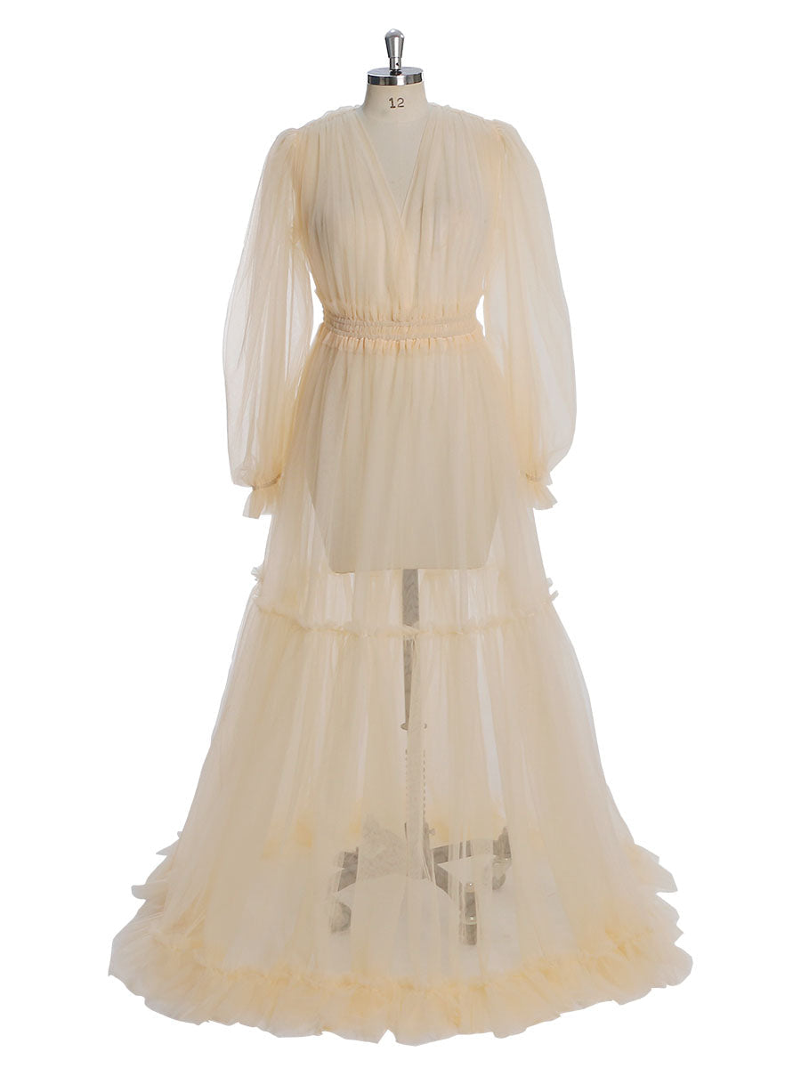 Durchsichtiges, langärmeliges Kleid aus weichem Tüll für Damen, Maxi-Kleid für Fotoshootings, YW231005 