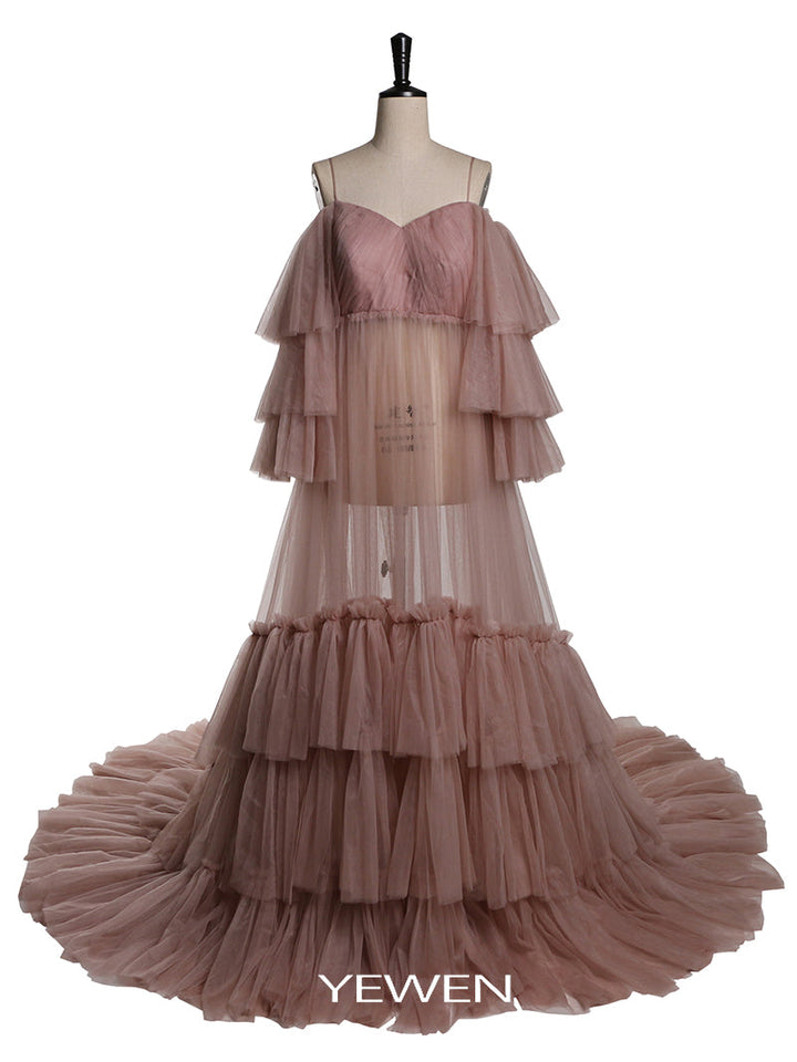 Elegantes Umstandskleid in Übergröße mit Rüschen und langen Ärmeln, Brautkleid, Hochzeitskleid für Fotoshooting 
