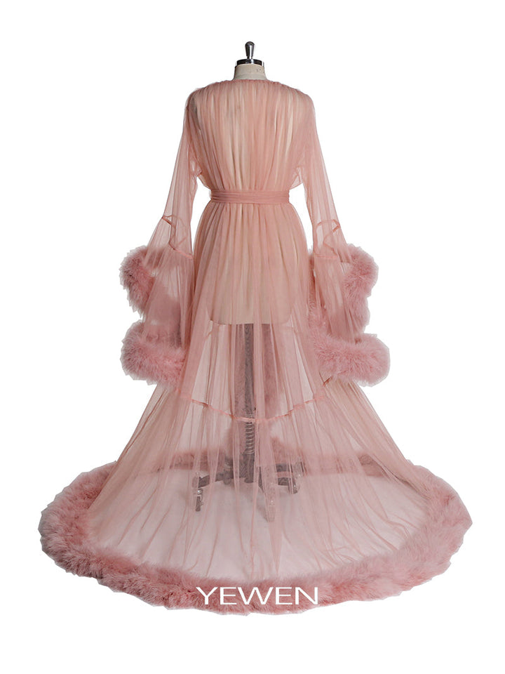 V Neck Party Dress Ostrich Feather Bell Sleeve Bow Maxi Elegant Maternity Dress Prom Gown