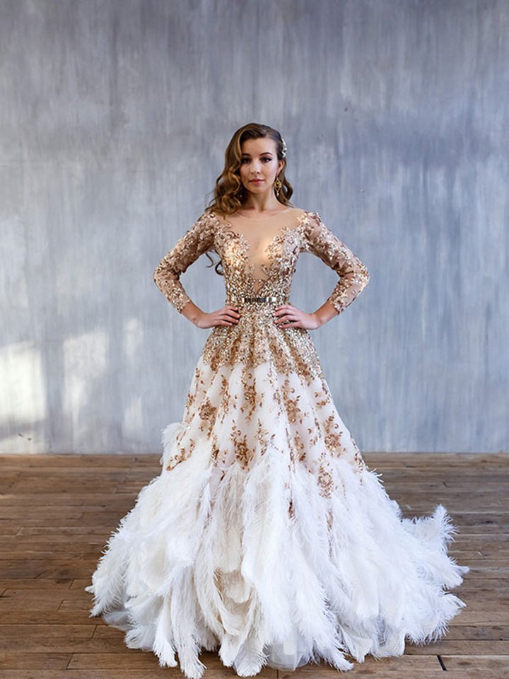 Straußenhaar Luxus Langarm Pailletten Gold Kristall A-Linie Abendkleid Fotoshooting 