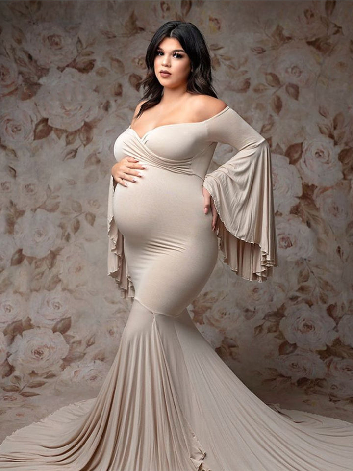 V Neck Party Dress Elegant Bell Sleeve Maternity Dress Maxi Mermaid Dress YW21010