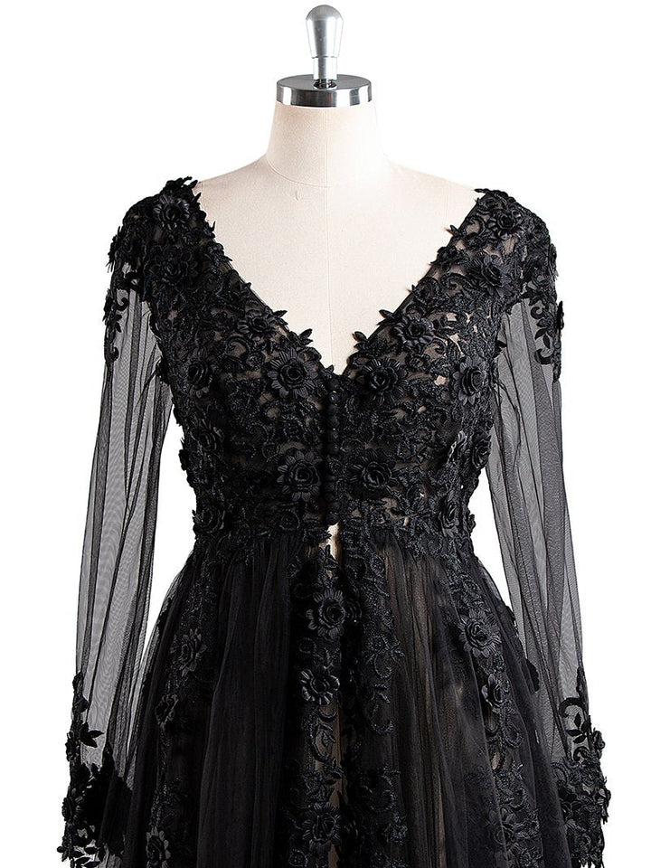 Sexy V-Ausschnitt Spitze Langarm Umstandskleid Brautkleid 