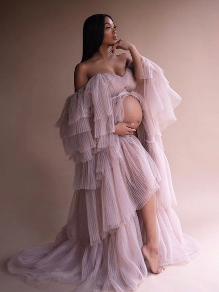 Sexy schulterfreies Umstandskleid mit Rüschen und Schnürung, Abendkleid für Fotoshootings, YW2051 