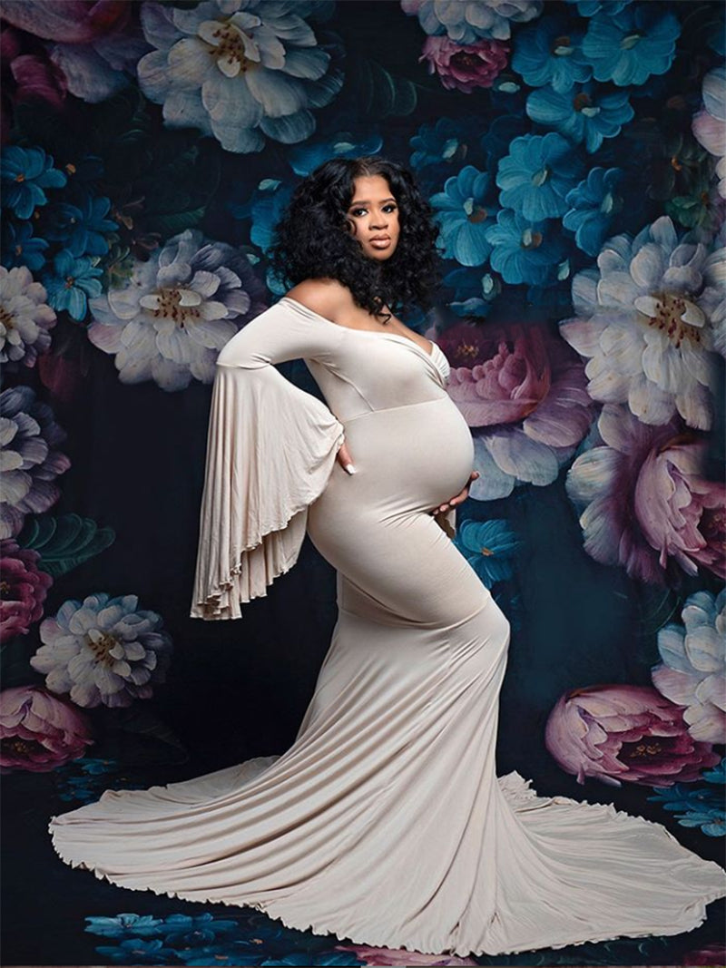 V Neck Party Dress Elegant Bell Sleeve Maternity Dress Maxi Mermaid Dress YW21010