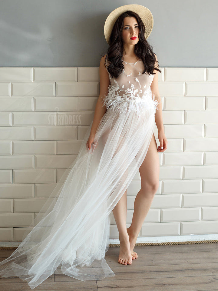 Elegantes ärmelloses sexy Tüll-Fotoshooting-Kleid mit Schlitz, Maxi-Brautkleid, Umstandskleid