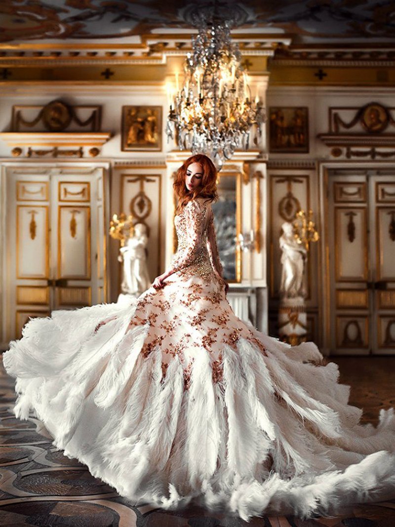 Straußenhaar Luxus Langarm Pailletten Gold Kristall A-Linie Abendkleid Fotoshooting 