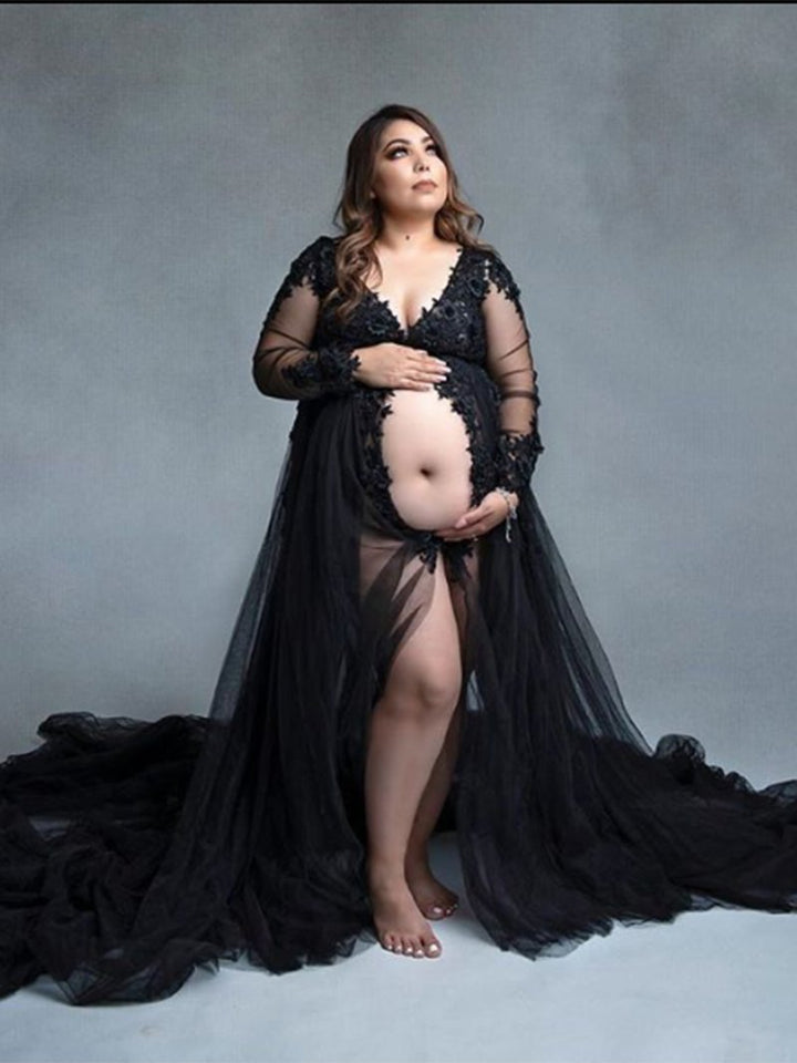 Sexy V-Ausschnitt Spitze Langarm Umstandskleid Brautkleid 