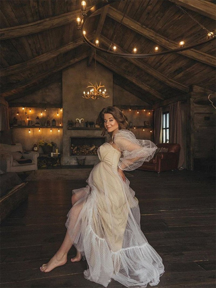 Elegantes Maxikleid mit Ballonärmeln und Herzausschnitt, für Abende und Fotoshootings