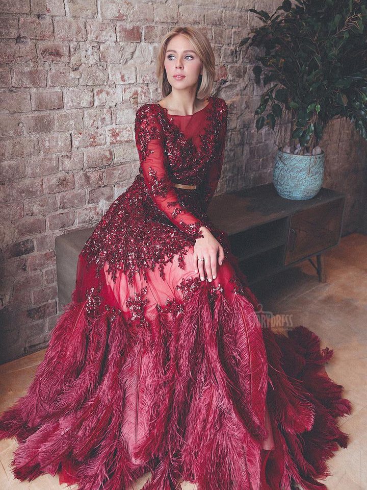 Straußenhaar Luxus Langarm Pailletten Gold Kristall A-Linie Abendkleid Fotoshooting 