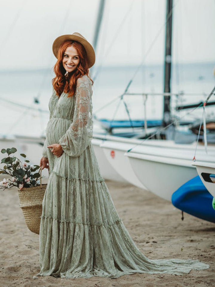 Elegantes Abendkleid mit V-Ausschnitt und langen Ärmeln aus Spitze, Umstandskleid für Fotografie, Babyparty, YW2046