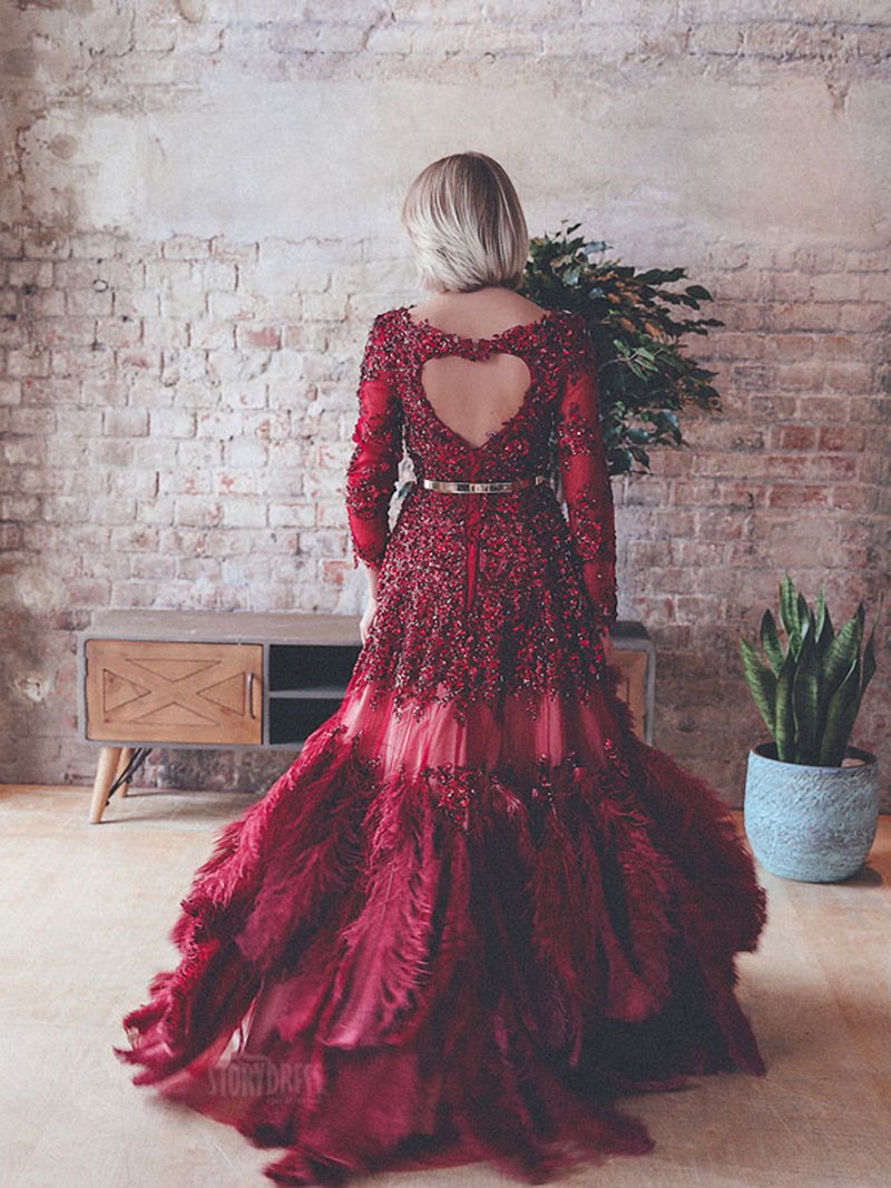Straußenhaar Luxus Langarm Pailletten Gold Kristall A-Linie Abendkleid Fotoshooting 