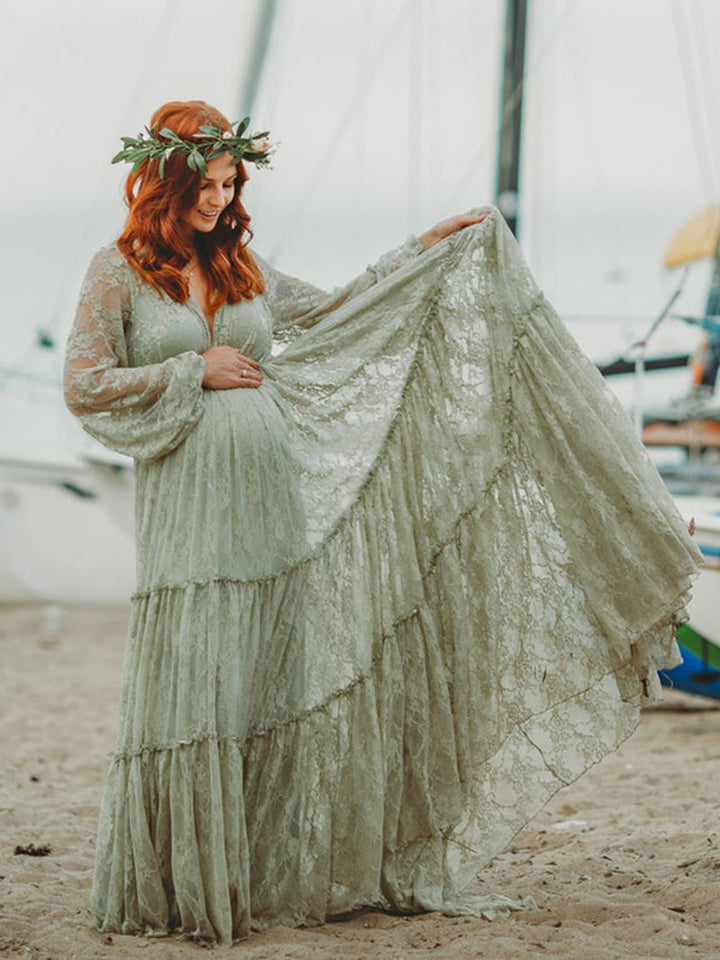 Elegantes Abendkleid mit V-Ausschnitt und langen Ärmeln aus Spitze, Umstandskleid für Fotografie, Babyparty, YW2046