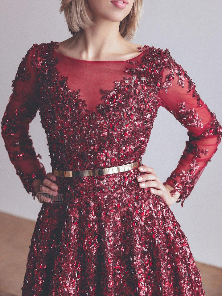 Straußenhaar Luxus Langarm Pailletten Gold Kristall A-Linie Abendkleid Fotoshooting 