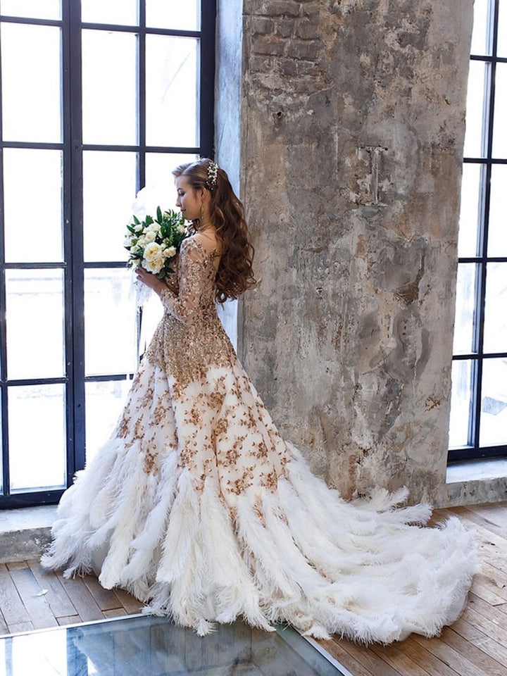 Straußenhaar Luxus Langarm Pailletten Gold Kristall A-Linie Abendkleid Fotoshooting 