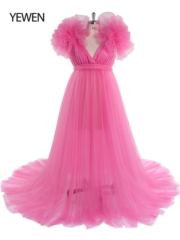 Umstandskleid für Fotoshootings, Bauchschlitz vorne, Schulterrüschen, Fotografie-Maxikleid, Babyparty-Kleid YD217051 