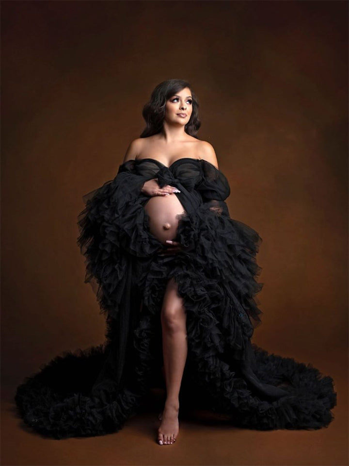 Weiches Tüllkleid mit Rüschen, sexy Langarm-Umstandskleid für Fotoshootings 
