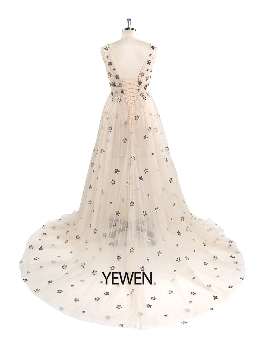 Tüll-Ballkleid, Champagner, Stern, V-Ausschnitt, Fotografie-Kleid 