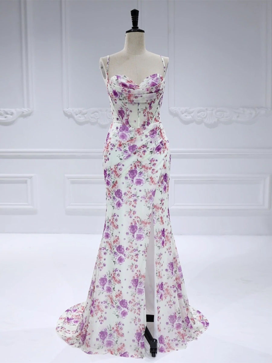 Sleeveless, Printed Mermaid Gown, High Slit  Dress 