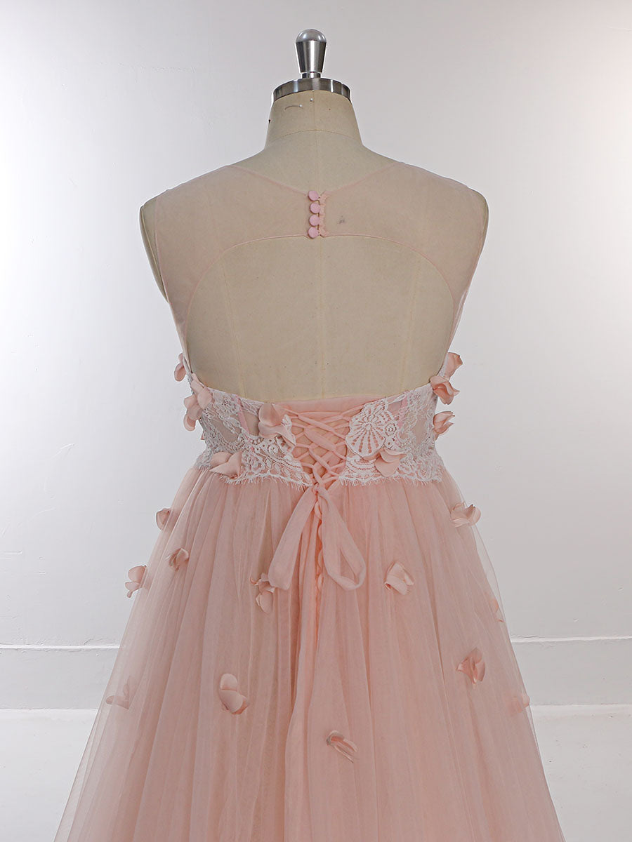 Rosa Blumenkleid aus weichem Tüll für Fotoshootings, Rundhalsausschnitt, rückenfreies Maxikleid aus Tüll, YW230330 