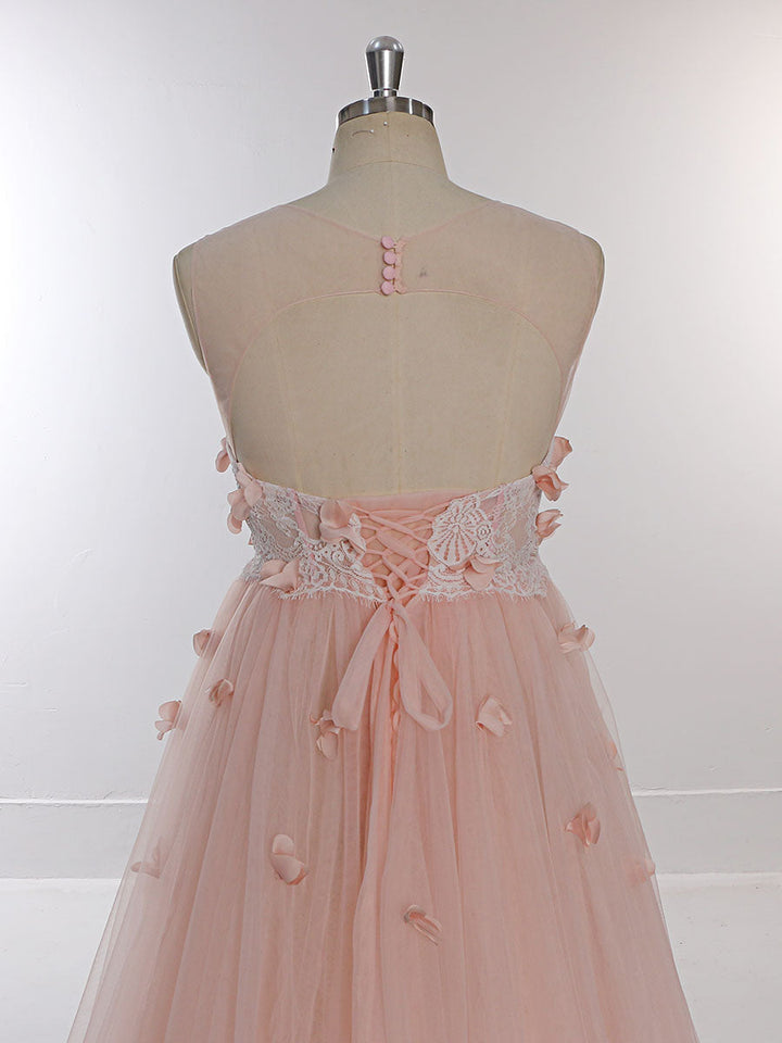 Rosa Blumenkleid aus weichem Tüll für Fotoshootings, Rundhalsausschnitt, rückenfreies Maxikleid aus Tüll, YW230330 