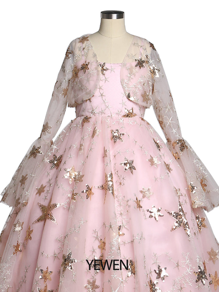 Champagner Stern Tüll Blumenmädchenkleider mit kleinem Umhang für Hochzeiten Geburtstagsfeiern Prinzessin Kinder Fotoshooting Kleid YEWEN YW211225 