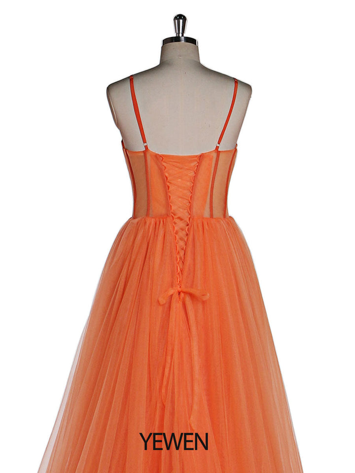 Oranges Tüll Abendkleid Lang Damen Formales Abschlussballkleid Flauschiges Maxi Fotoshootingkleid Hochzeitsgästekleid YEWEN 