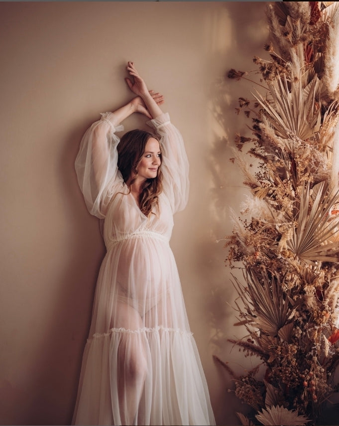 Durchsichtiges, langärmeliges Kleid aus weichem Tüll für Damen, Maxi-Kleid für Fotoshootings, YW231005 