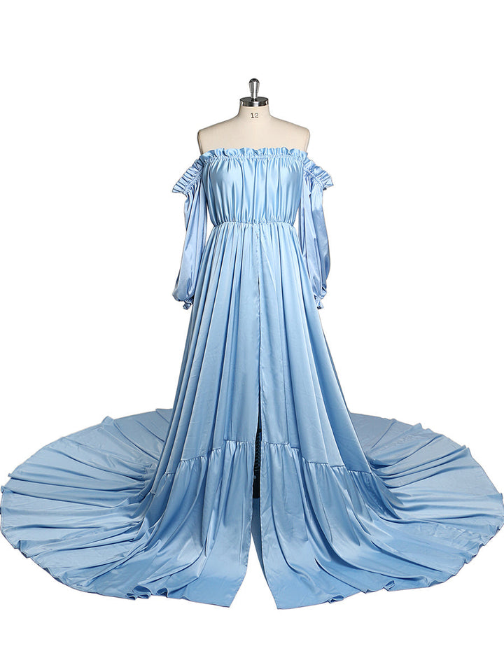 Schulterfreies Abendkleid mit langen Ärmeln und Schlitz vorne, Fotografie-Kleid, Umstandskleid für Babyparty, YEWEN YW220316 