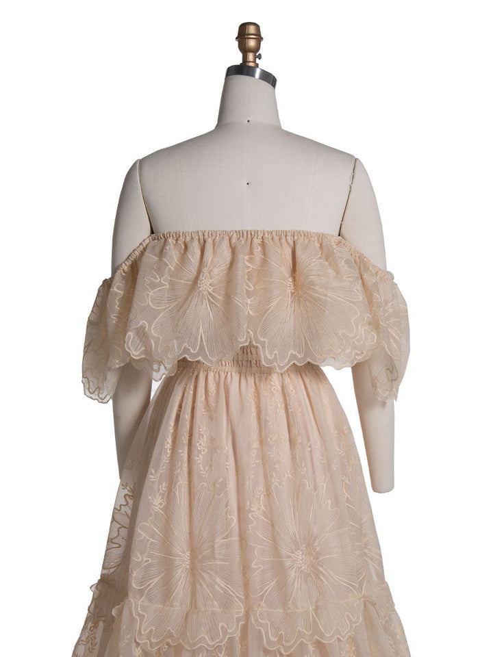 Elegantes schulterfreies Spitzen-Boho-Kleid, Fotoshooting-Kleid, böhmisches Umstandskleid, Babyparty, YW240067
