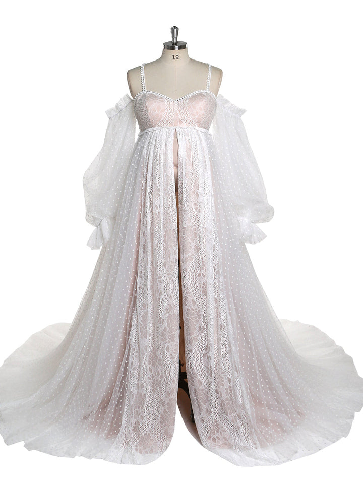 Gepunktetes Tüllkleid mit Spitze im Bohemian-Stil für Fotoshootings, langärmliges Umstandsbrautkleid YW220107-1